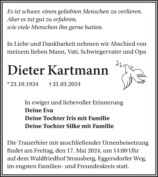 Traueranzeige von Dieter Kartmann von Märkische Oderzeitung