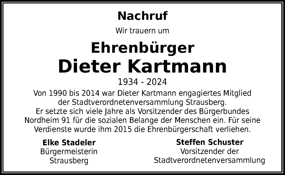  Traueranzeige für Dieter Kartmann vom 20.04.2024 aus Märkische Oderzeitung