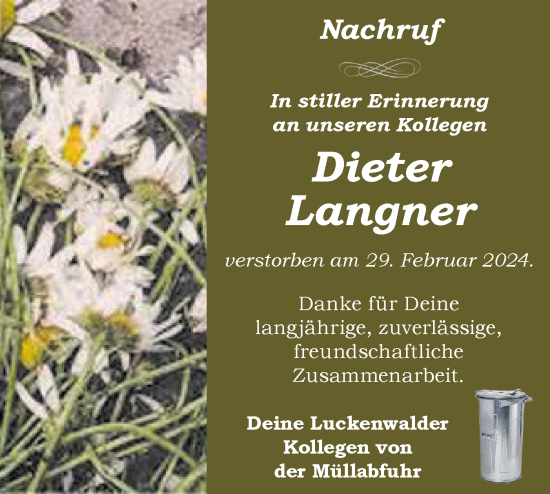 Traueranzeige von Dieter Langner von Märkische Oderzeitung