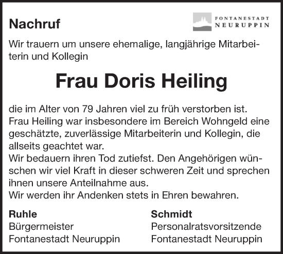 Traueranzeige von Doris Heiling von Märkische Oderzeitung