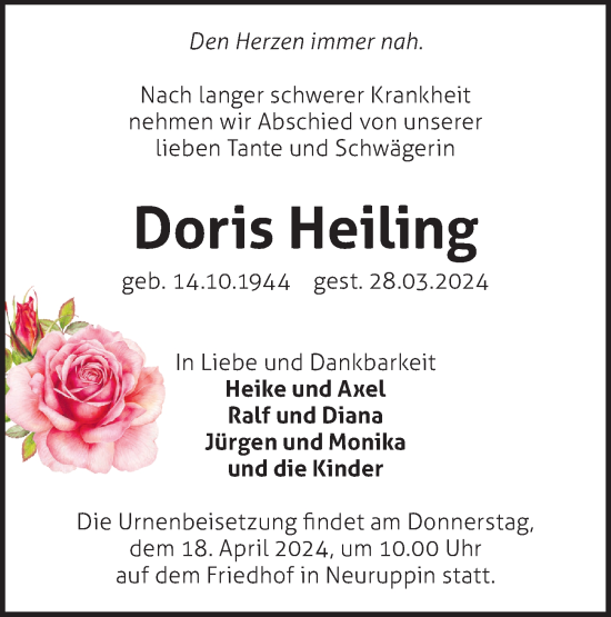 Traueranzeige von Doris Helling von Märkische Oderzeitung