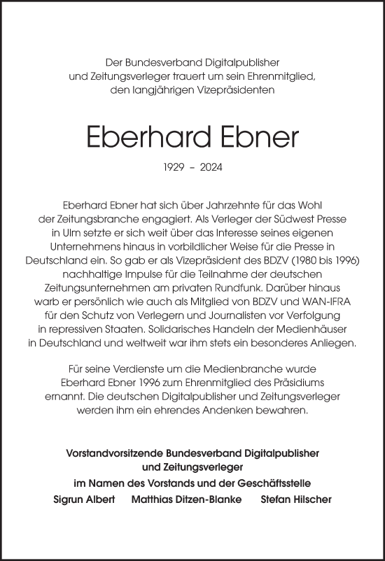 Traueranzeige von Eberhard Ebner von Märkische Oderzeitung