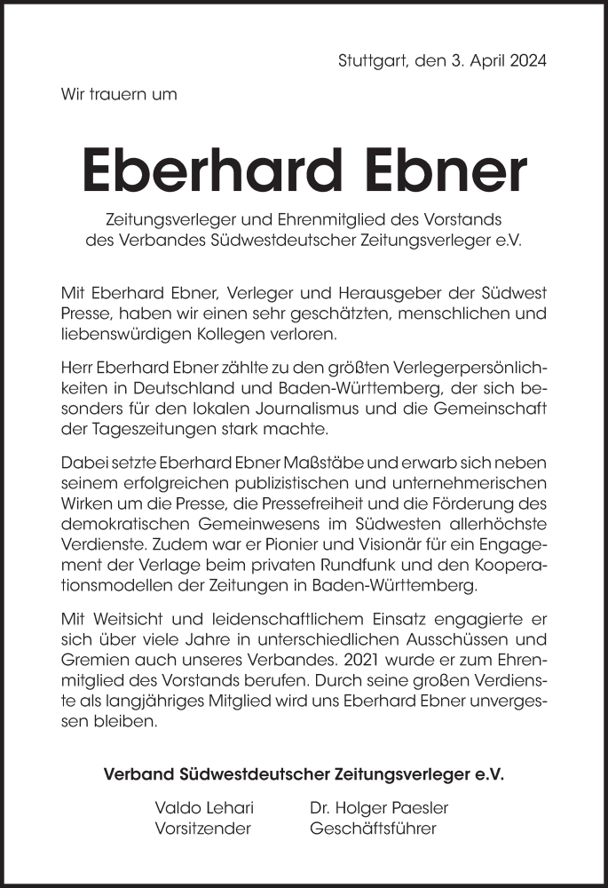  Traueranzeige für Eberhard Ebner vom 03.04.2024 aus Märkische Oderzeitung