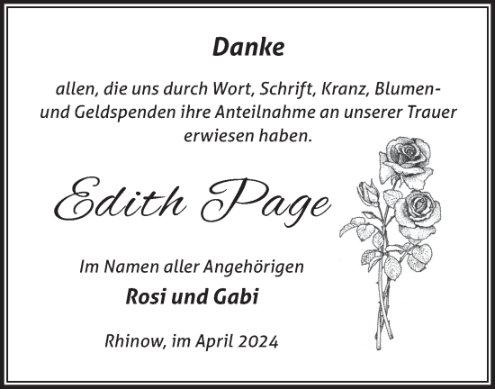 Traueranzeige von Edith Page von Märkische Oderzeitung