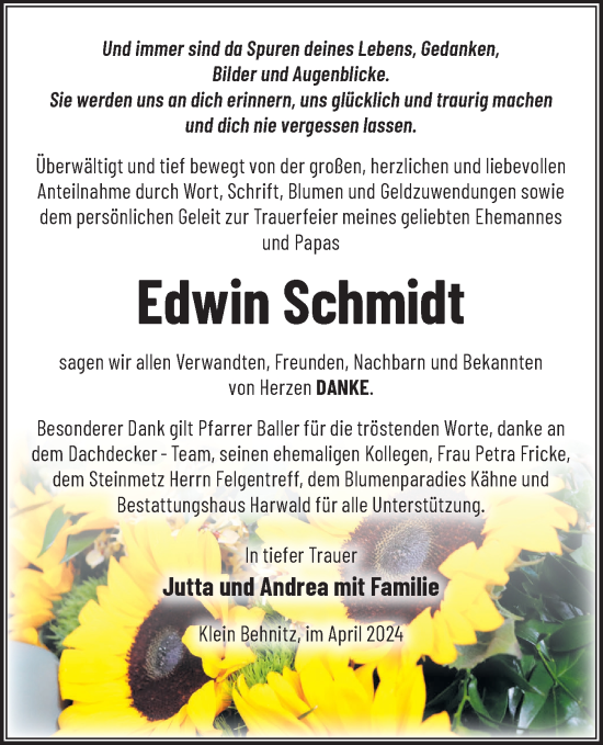 Traueranzeige von Edwin Schmidt von Märkische Oderzeitung