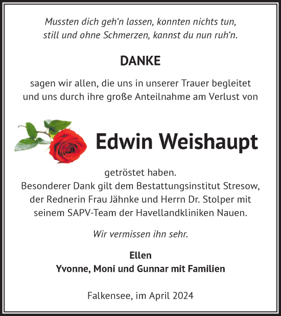 Traueranzeige von Edwin Weishaupt von Märkische Oderzeitung