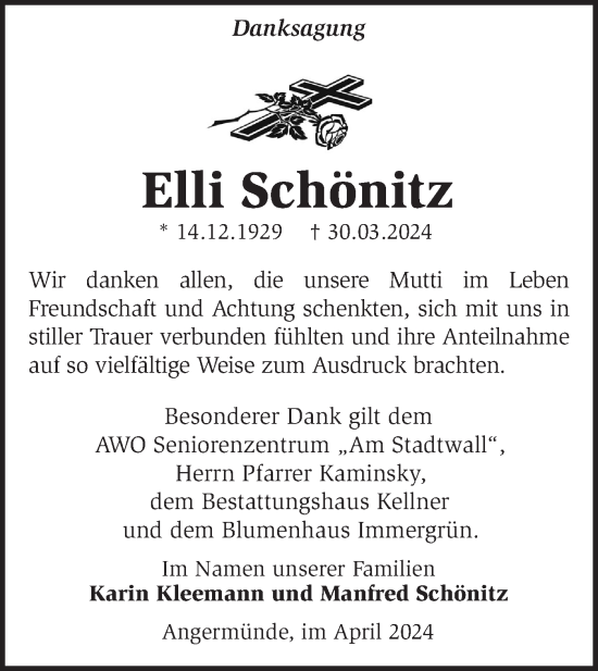 Traueranzeige von Elli Schönitz von Märkische Oderzeitung