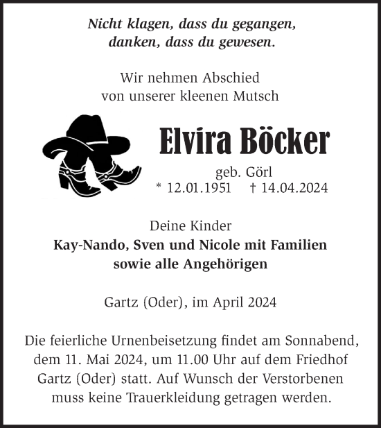 Traueranzeige von Elvira Böcker von Märkische Oderzeitung