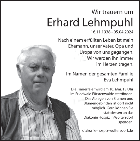 Traueranzeige von Erhard Lehmpuhl von Märkische Oderzeitung
