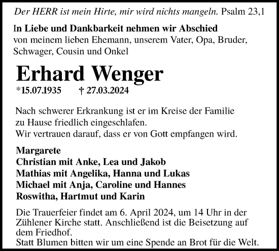 Traueranzeige von Erhard Wenger von Märkische Oderzeitung
