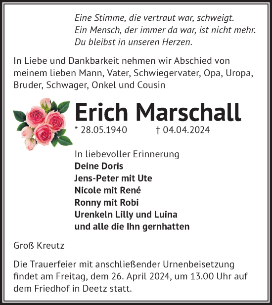 Traueranzeige von Erich Marschall von Märkische Oderzeitung