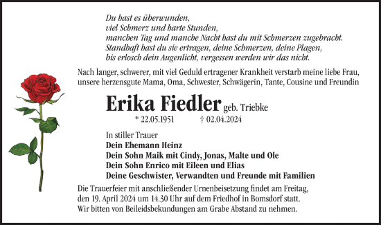 Traueranzeige von Erika Fiedler von Märkische Oderzeitung