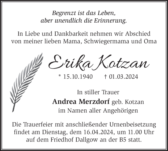 Traueranzeige von Erika Kotzan von Märkische Oderzeitung