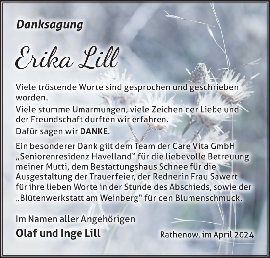 Traueranzeige von Erika Lill von Märkische Oderzeitung