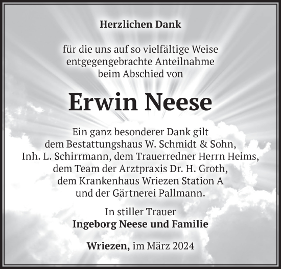 Traueranzeige von Erwin Neese von Märkische Oderzeitung