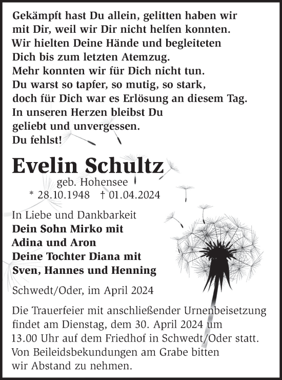 Traueranzeige von Evelin Schultz von Märkische Oderzeitung