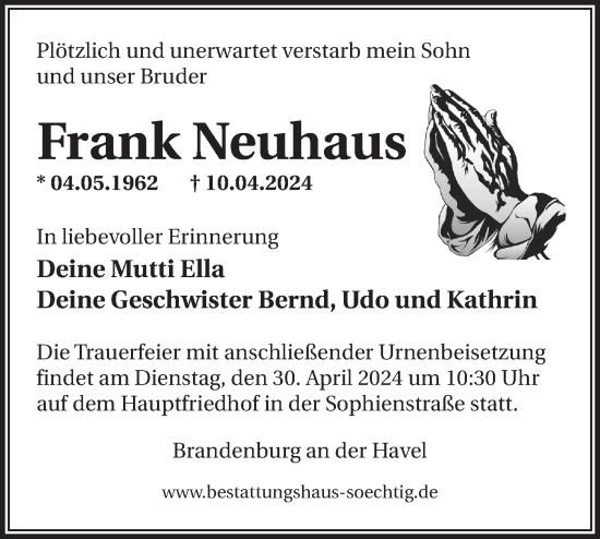 Traueranzeige von Frank Neuhaus von Märkische Oderzeitung