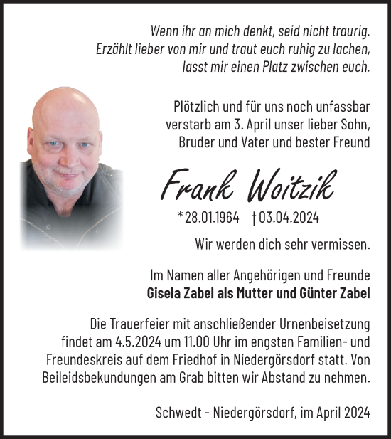 Traueranzeige von Frank Woitzik von Märkische Oderzeitung