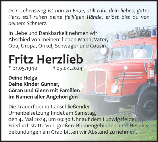 Traueranzeige von Fritz Herzlieb von Märkische Oderzeitung