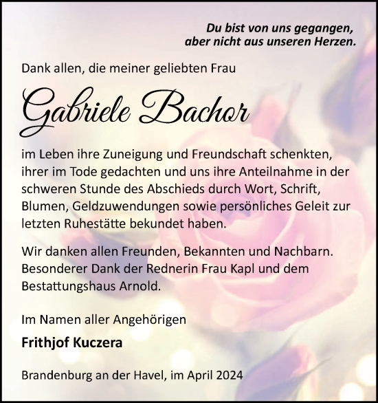 Traueranzeige von Gabriele Bachor von Märkische Oderzeitung