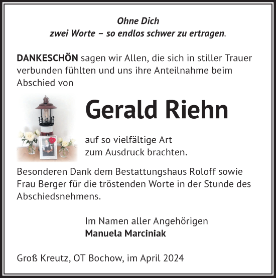 Traueranzeige von Gerald Riehn von Märkische Oderzeitung