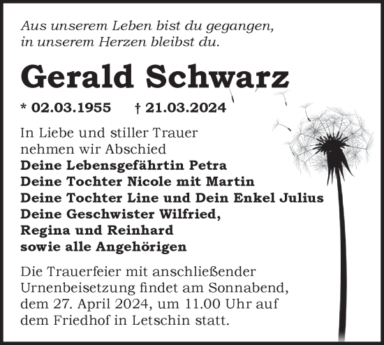 Traueranzeige von Gerald Schwatz von Märkische Oderzeitung