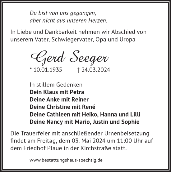 Traueranzeige von Gerd Seeger von Märkische Oderzeitung