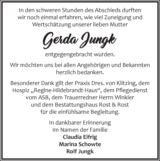 Traueranzeige von Gerda Jungk von Märkische Oderzeitung