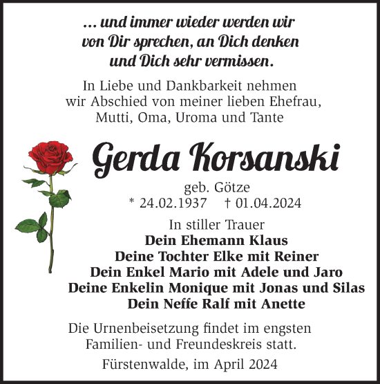Traueranzeige von Gerda Korsanski von Märkische Oderzeitung