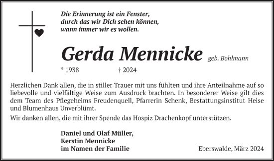 Traueranzeige von Gerda Mennicke von Märkische Oderzeitung