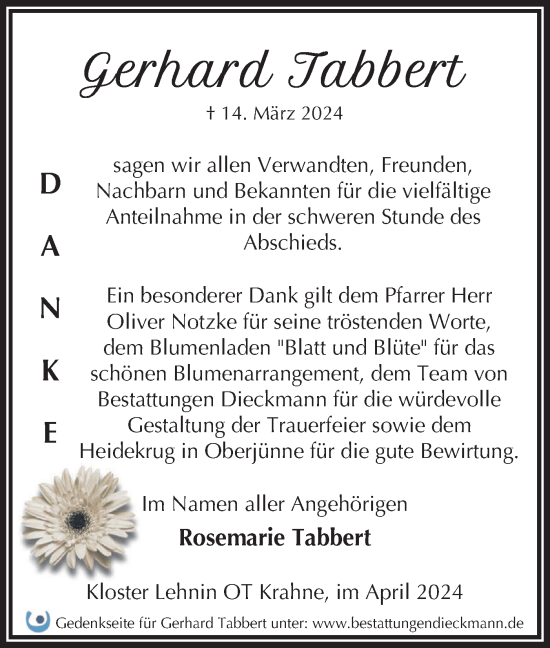 Traueranzeige von Gerhard Tabbert von Märkische Oderzeitung