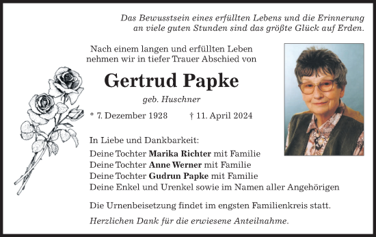 Traueranzeige von Gertrud Papke von Märkische Oderzeitung
