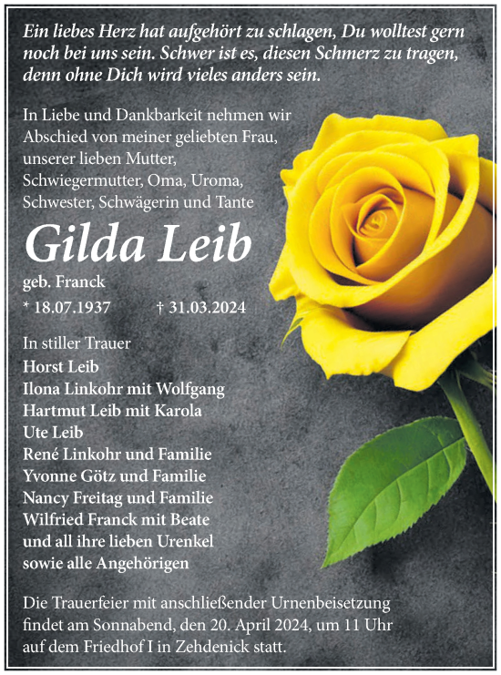 Traueranzeige von Gilda Leib von Märkische Oderzeitung