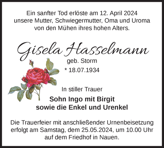 Traueranzeige von Gisela Hasselmann von Märkische Oderzeitung