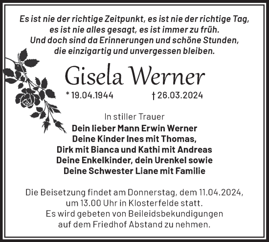Traueranzeige von Gisela Werner von Märkische Oderzeitung