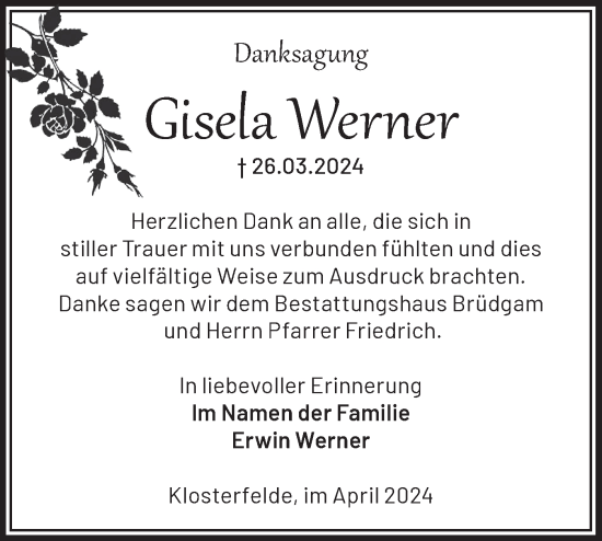 Traueranzeige von Gisela Werner von Märkische Oderzeitung