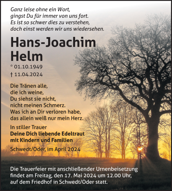 Traueranzeige von Hans-Joachim Helm von Märkische Oderzeitung