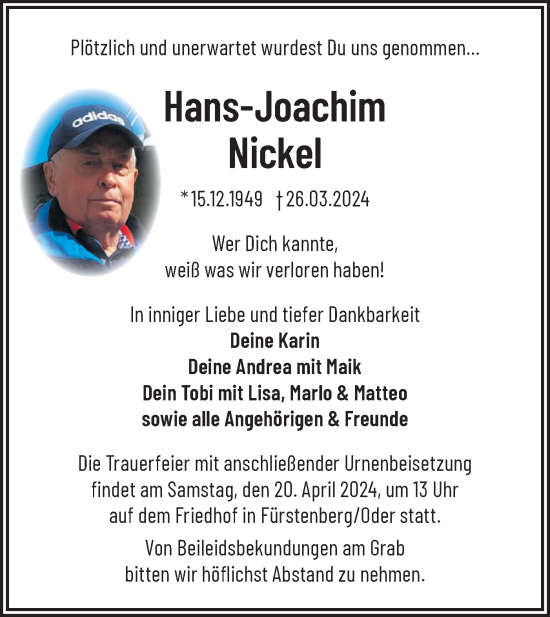 Traueranzeige von Hans-Joachim Nickel von Märkische Oderzeitung
