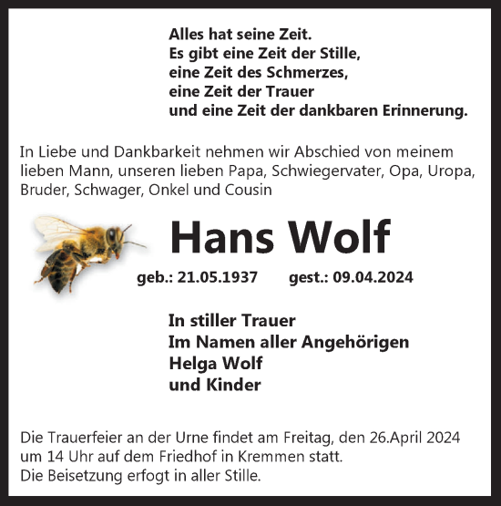 Traueranzeige von Hans Wolf von Märkische Oderzeitung