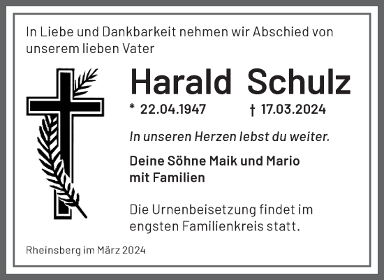 Traueranzeige von Harald Schulz von Märkische Oderzeitung