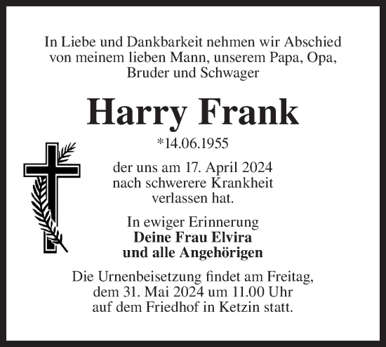Traueranzeige von Harry Frank von Märkische Oderzeitung