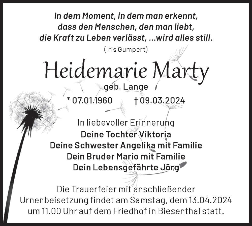  Traueranzeige für Heidemarie Marty vom 06.04.2024 aus Märkische Oderzeitung