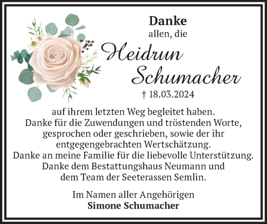 Traueranzeige von Heidrun Schumacher von Märkische Oderzeitung