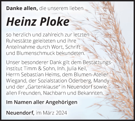 Traueranzeige von Heinz Ploke von Märkische Oderzeitung