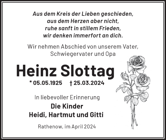 Traueranzeige von Heinz Slottag von Märkische Oderzeitung