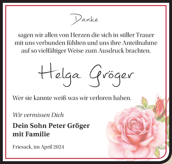 Traueranzeige von Helga Gröger von Märkische Oderzeitung