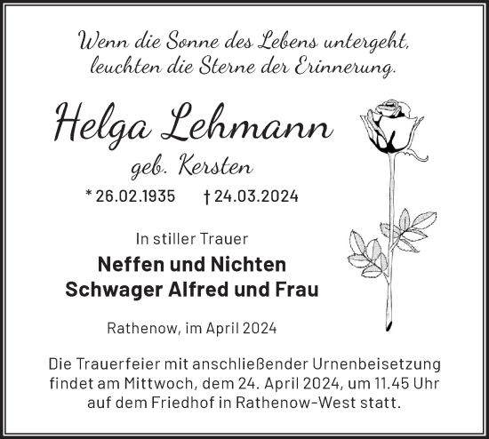 Traueranzeige von Helga Lehmann von Märkische Oderzeitung