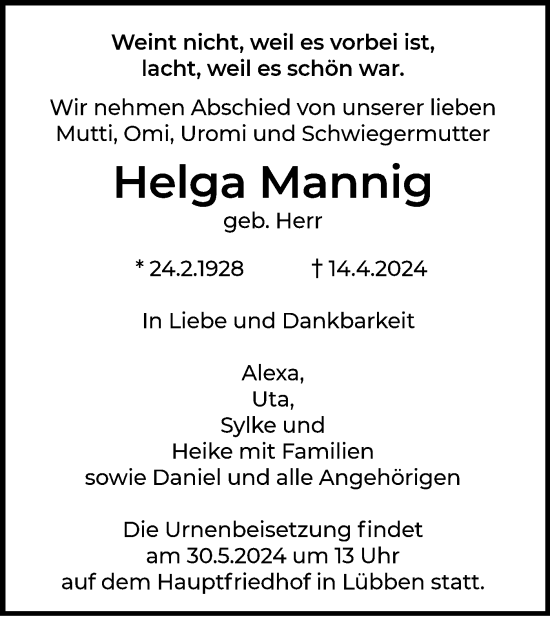 Traueranzeige von Helga Mannig von Märkische Oderzeitung