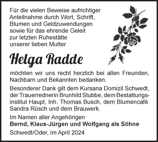 Traueranzeige von Helga Radde von Märkische Oderzeitung