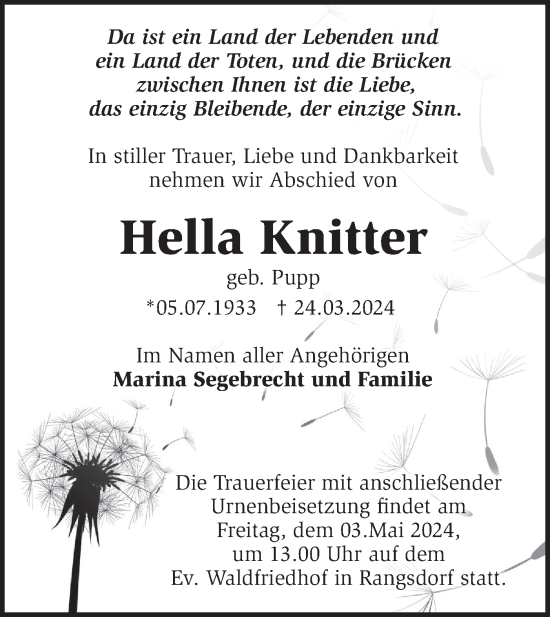 Traueranzeige von Hella Knitter von Märkische Oderzeitung